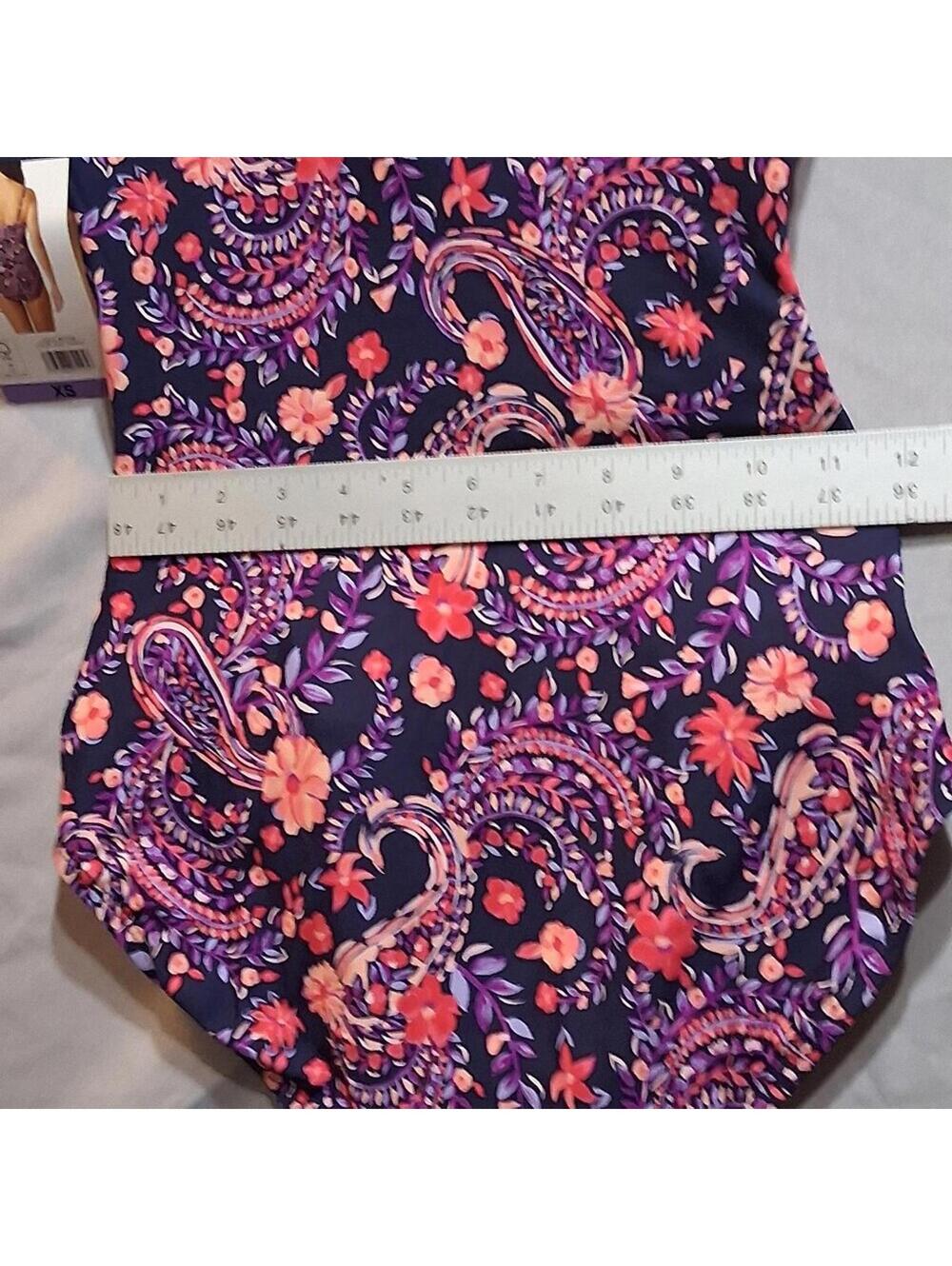 Land's End Paisley Floral One Piece Swimsuit Navy Coral Ruched XS - Picture 4 of 9